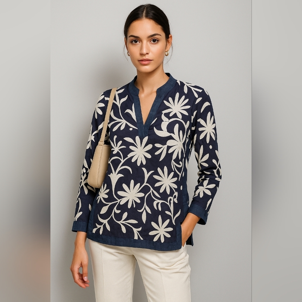 Tory Burch Floral Embroidered Boho Chic Quiet Luxury Tunic, Size 2